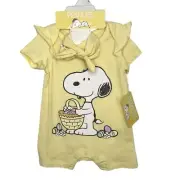 Peanuts Snoopy Yellow Baby Girl 3/6M Easter Romper Outfit Headband Set Bodysuit