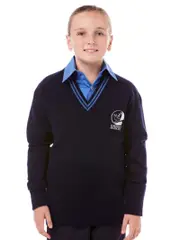 Navy Wool Pullover With Stripe & Embroidery