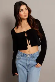 Black Tie Up Front Top Long Sleeve - Size S, Women's Jacket