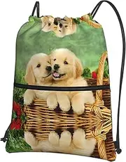 EdWal Puppy Golden Retriever Print Drawstring Backpack Gym Bags Sports Bags With Zipper Pocket For Travel Beach, Black, One Size