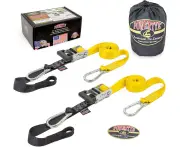 Powertye 1.5in x 10ft Long Heavy Duty Ratchet Tie-Down Straps with Soft-Tye, Carabiner Hooks - 1,000 lb W.L.L. / 3,000 Break Strength Made in USA Black/Bla