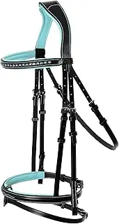 Exion Bling Bridle on Browband & Snaffle Noseband with Baby Blue Soft Padded Leather Jumping Flash Bridle & Rubber Rein | Bling English Bridle for Horses