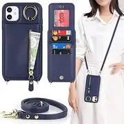Cavor Vertical Flip Cover for iPhone 11 Leather Case 6.1'' Crossbody Wallet Card Slots with 360°Rotation Ring Holder Kickstand & Long Shoulder Lanyard Strap-Blue