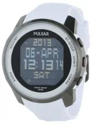 PULSAR WORLD TIME DIGITAL CHRONOGRAPH BLACK DIAL WHITE RUBBER MENS WATCH PQ2015