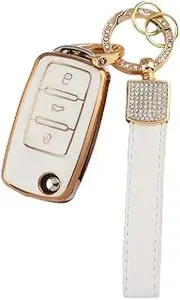 1797 Key Fob Cover fit for VW Volkswagen Jetta Beetle Tiguan Passat Golf Accessories Car Keychain Bling Case Shell Protector Girly Cute 3 Button White Gold TPU