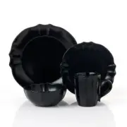 Lorren Home Dinnerware Set Stoneware W/ Scalloped Edges Durable Black 16 Pieces
