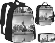 [ERCgad] London Print Canvas 3-In-1 School Bags Set Backpack Lunch Bag Pencil Case Combo For Men Women, Black, One Size