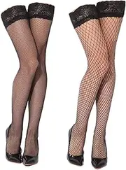 [JUNOAI] Womens Black Sheer Thigh High Fishnet Stockings with Lace Top 2 Pairs