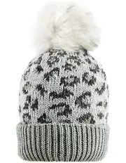 [Dents] Leopard Print Jacquard Knitted Bobble Hat in Grey