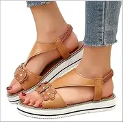 [XWCG] Women's Comfortable Wedge Sandals Ladies Comfortable Women Flat Sandals Orthopedic Platform Shoes Faux Leather with Ankle Strap Beach Shoes,Brown,40