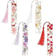 4 Pieces Dried Flower Resin Bookmarks Handmade Transparent Floral Dried Flower Page Marker with Colorful Silky Tassel for Back to School (Plain Style)