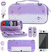 RHOTALL Cute Carrying Case Compatible with Nintendo Switch OLED,Shockproof Portable Travel Bag,Protective Case ,Switch Screen Protector, Adjustable Strap, Switch Thumb Grips-Purple Rabbit