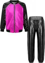 [Lejafay] Kids Sparkly Jazz Hip Hop Dance Outfits Sequin Long Sleeve Bomber Jacket and Metallic Pants