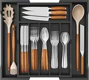 Lifewit Silverware Drawer Organizer, Expandable Utensil Tray for Kitchen, Bamboo Flatware and Cutlery Holder, Wood Adjustable Storage for Spoons Forks Knives, Large, Black