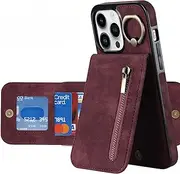 Jarttarn Leather Case for iPhone 16 Pro Max (2024),Anti-Fall Phone Case with Zipper Card Slot & Finger Ring,Ultra-Thin Shockproof Protective Back Cover (Red)