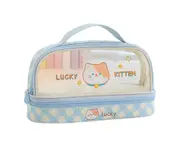 Pencil Case High Capacity Dust-proof Transparent Visible Cartoon Bear Bunny INS Double Layer Pencil Bag School Supplies-Blue