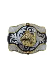 Cowboy Belt Buckle For Man - Horse Head/Horse shoe 4.25"x3.25" Silver/Black/Gold