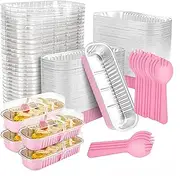 100 Pack Mini Loaf Pans, Ai-OUMLEEF Aluminum Mini Loaf Pans with Lids and Spoons,Rectangle Aluminum Foil Baking Pans Tins Containers,Cupcake Containers Cheesecake Creme Brulee Ramekins (Pink)