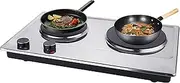 1500W Stainless Steel Double Hot Plate, Portable Electric Hob Double Burner with Dual Temperature Control, Easy to Clean, Black Stainless Steel, Cast Iron – Lightweight, for Home Kitchen