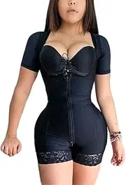 Short Sleeve Tummy Control Bodysuit Bodyshaper Slimming Fajas Lace with Zipper Garments Shapewear Liposuction Compression