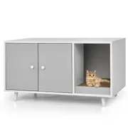 Costway Wood Sideboard Cat Litter Storage Cabinet Coffee Table Kitten House Hidden Cat Furniture w/2 Doors Divider & Scratching Pad Grey