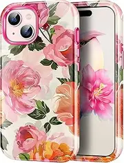 Auouk Compatible for iPhone 15 Case,Colorful Oil Painting Flower Floral Pattern 3 in 1 Shockproof Protection Hard PC Bumper+Soft Silicone Protective Cover Women Girls Case for iPhone 15 6.1"-Rosegold