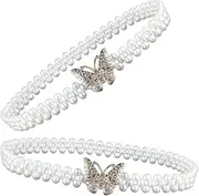 [FRCOLOR] 2pcs Elegant Pearl Waist Chain Belt with Sweet Bowknot Design Stretchable Elastic Waist Jewelry for Wedding Dresses Festivals and Rave Events White Pearl Tassel Body Chain