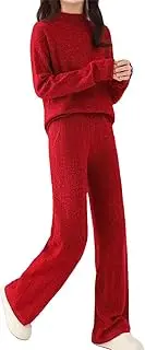 [Generic] Women's Red Wool Sweater 2Pc Sets Mock Neck Pullover Tops And High Waist Wide Leg Pants Outfits Xmas Loungewear Sets