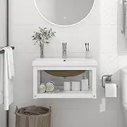 Bathroom Washbasin Frame with Built-in Basin, White Iron Wall-Mounted Vanity Cabinet, Ceramic Sink, Modern Storage Solution, 59 x 38 x 31 cm, Overflow Design