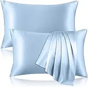 Kinself 100% Pure Silk Pillowcase for Hair and Skin, Both Sides Mulberry Silk Pillowcases with Hidden Zipper, Cooling Pillowcase 19 Momme, 600 Thread Silk Pillow Cases Standard Size, 2PCS, Light Blue