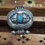 佛教用品 尼泊爾925純銀 天然綠松石嘎烏盒 手工雕花金剛杵 綠色1入