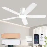 52 Inch White Modern Ceiling Fans with Lights, Low Profile Ceiling Fan with Remo