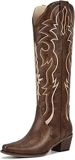 [wetkiss] Black Cowboy Boots for Women Knee High Cowgirl Tall Boots with Classic Retro Embroidered Chunky Heel Slip On Pointed Toe Womens Western Boots for Girls Ladies