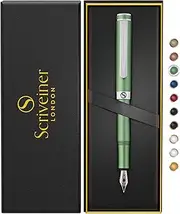 [Scriveiner] Luxury EDC Fountain Pen (Medium), Stunning Matt Green Pocket Pen, Chrome Finish, Schmidt German Nib, Converter, Best Writing Pen Gift Set for Men & Women, Nice Fancy Office Designer Pen