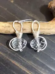UNIQUE STYLISH SMALL FACETED CLEAR CRYSTAL BEAD/SILVER WIRE WRAP EARRINGS