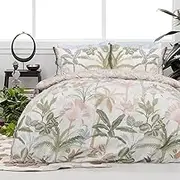 Sleepdown Tropical Leaves Floral Natural Reversible Duvet Cover Quilt Tassel Pillow Case Bedding Set Soft Easy Care - Single (135cm x 200cm)