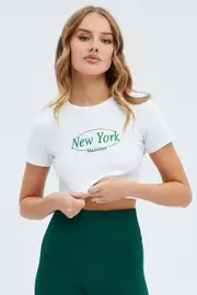 White Tee Crop Short Sleeve New York Embroidery - Size XL, Women's Graphic Tee