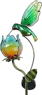 TERESA'S COLLECTIONS Glass Flower Bird Pathway Solar Outdoor Light for Garden Decor, 39'' Tulip and Hummingbird Metal Decorative Stakes Yard Art for Lawn Patio Porch Decorations, Gifts for Mom