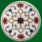 Round Marble Coffee Table Top Semi Precious Stone Inlay Work End Table for Home