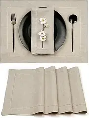 D'Moksha Homes Natural Linen Placemats Set of 4-14 x 19 Inch, 100% Pure Linen Cloth Placemats, Classic Hemstitch Natural Table Placemats for Spring, Summer, Outdoor - Easy Care Machine Washable