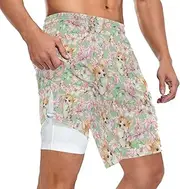 [ZZXXB] Welsh Corgies Flowers Athletic Shorts for Men with Pockets 2 in 1 Quick Dry Running Shorts S-3XL