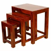 Sheesham Wood Bedside Nesting Table Set of 3 Stool for Living Room Furniture