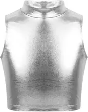 [Kvysinly] Kids Girls Shiny Metallic Mock Neck Vest Jazz Modern Dance Crop Tops Bra Dancewear Performance Costume