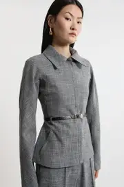 Mono Texture Belted Collared Tailored Jacket