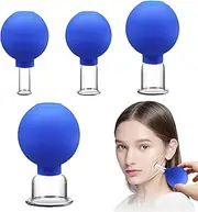 Set of 4 Facial Cupping Glasses with Blue Silicone Suction Ball, Face Vacuum Massage Cupping Detoxification, Stimulation Lymphatic Flow, Firm Skin, Anti Cellulite, Wrinkle Reduction