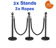 3 BLACK Queue Barriers Stand 2 Twisted Ropes Crowd Control Bollard Stanchion