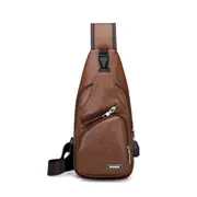 2Pc Waterproof Leisure Pu Leather Single Shoulder Bag Men Chest Bag With Usb Charging Port And Headphone Hole(Light Brown)