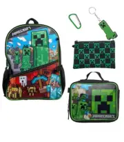 MINECRAFT 5 Piece Backpack Set Includes Lunch Bag, Supply Case, Clip & Key Chain