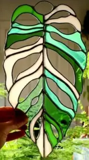 Huge MONSTERA LEAF Greens & Opaque White Stained Glass INDOOR PLANT SUNCATCHER