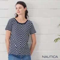 在飛比找momo購物網優惠-【NAUTICA】女裝修身條紋短袖T恤(深藍)